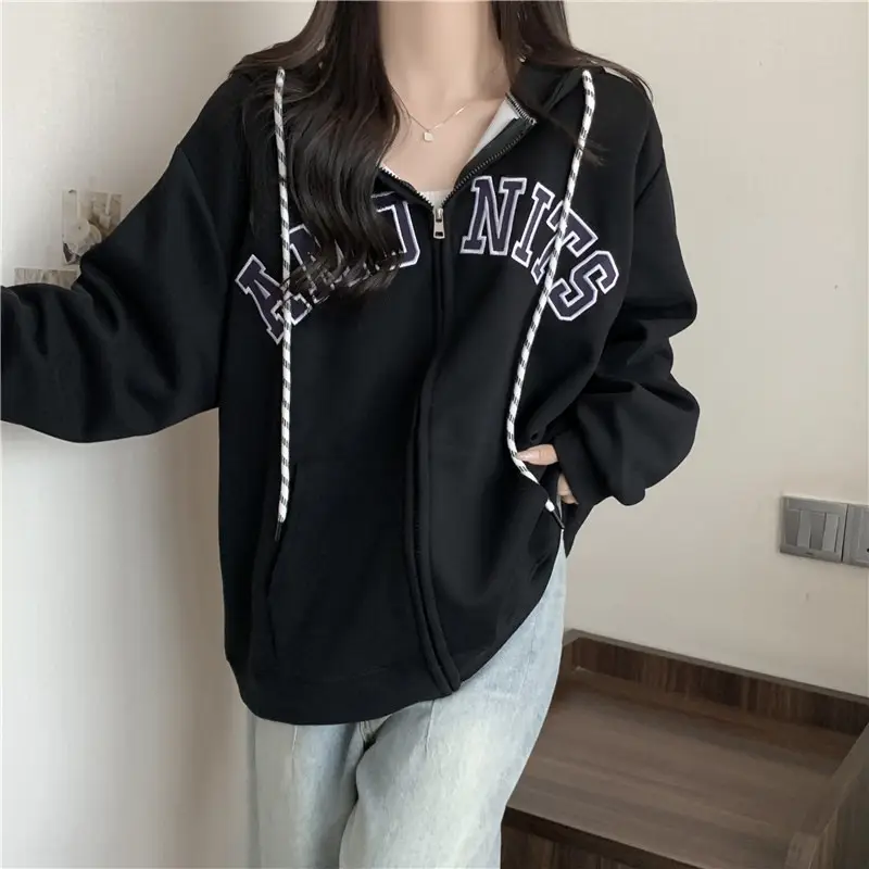 Women Maroon American Retro Zipper Hoodie Sweatshirt — feature 17