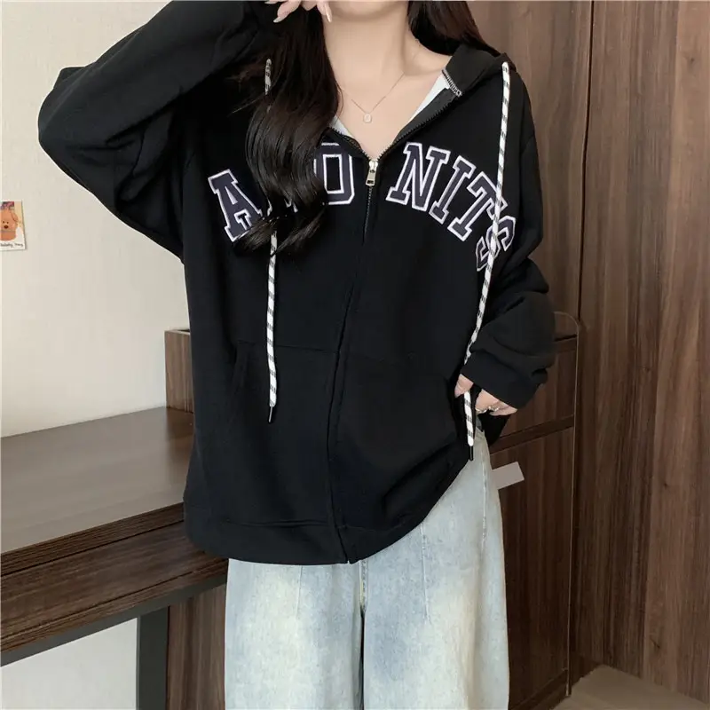 Women Maroon American Retro Zipper Hoodie Sweatshirt — feature 18
