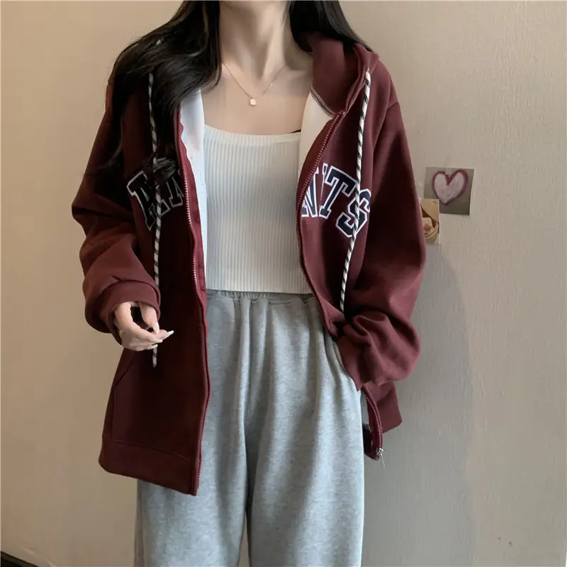 Women Maroon American Retro Zipper Hoodie Sweatshirt — feature 3