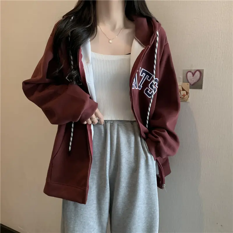 Women Maroon American Retro Zipper Hoodie Sweatshirt — feature 4