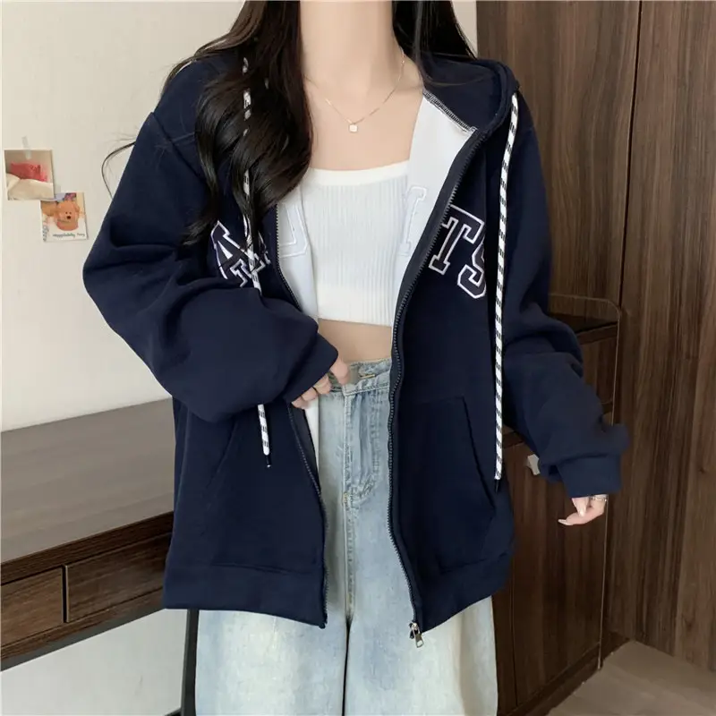 Women Maroon American Retro Zipper Hoodie Sweatshirt — feature 5