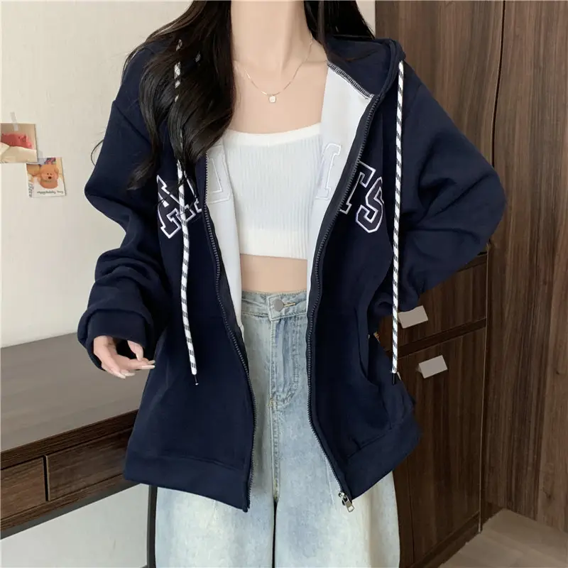 Women Maroon American Retro Zipper Hoodie Sweatshirt — feature 7