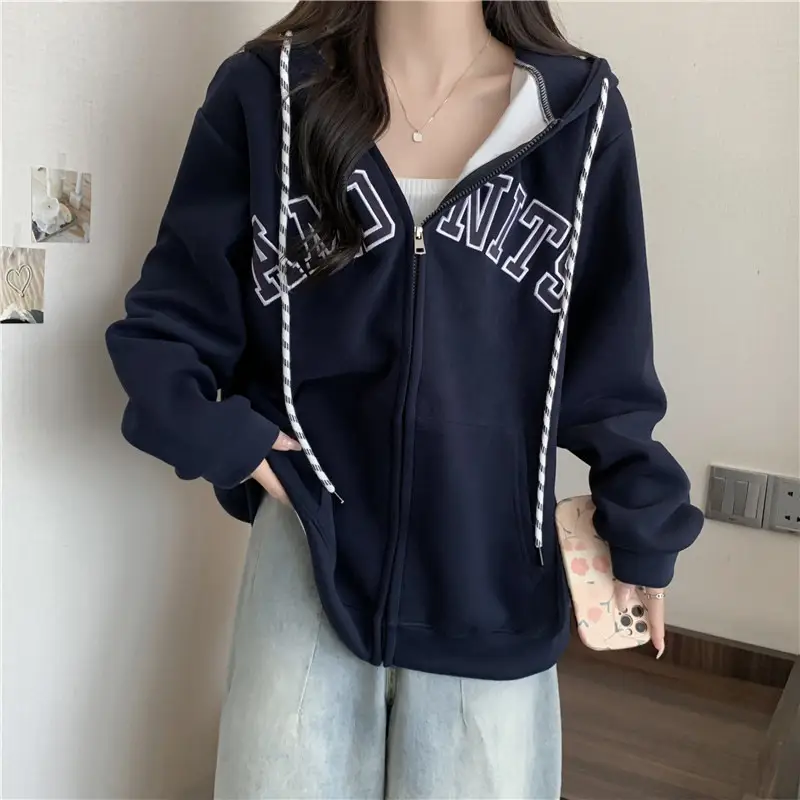 Women Maroon American Retro Zipper Hoodie Sweatshirt — feature 9