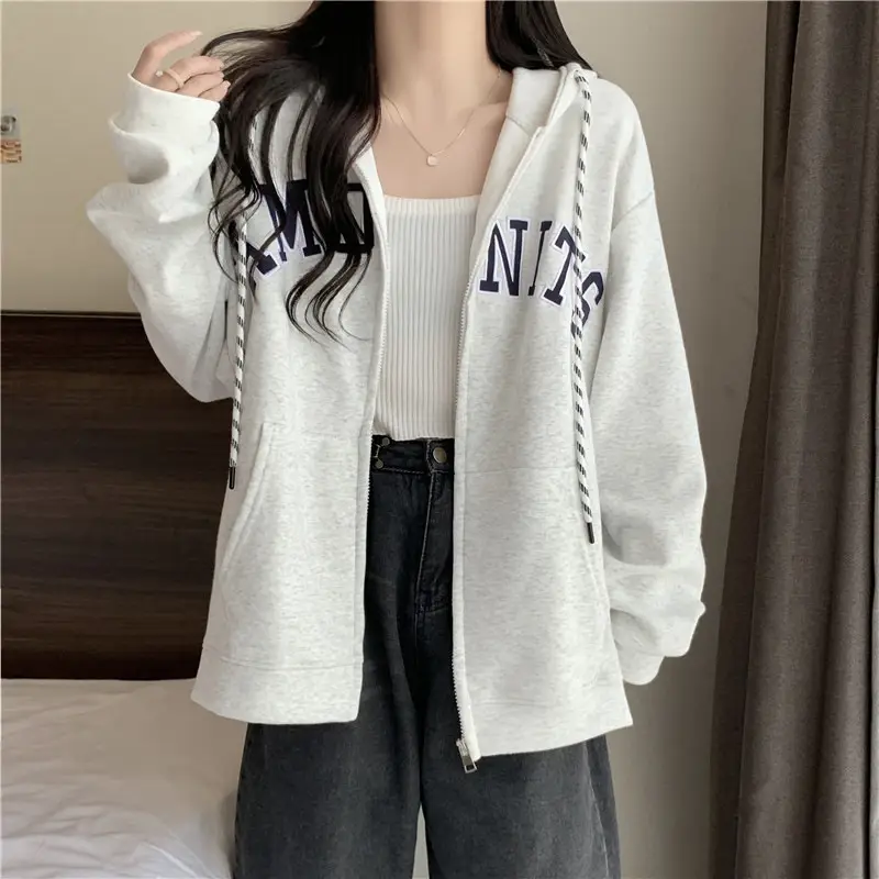 Women Maroon American Retro Zipper Hoodie Sweatshirt - Image 3