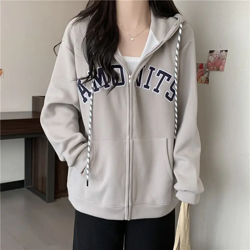 Women Maroon American Retro Zipper Hoodie Sweatshirt - Image 4