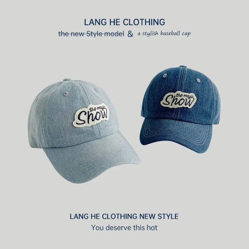 Men Blue Wash Denim Baseball Cap with Letter Sticker - Image 5
