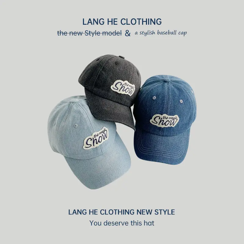 Men Blue Wash Denim Baseball Cap with Letter Sticker - Image 6