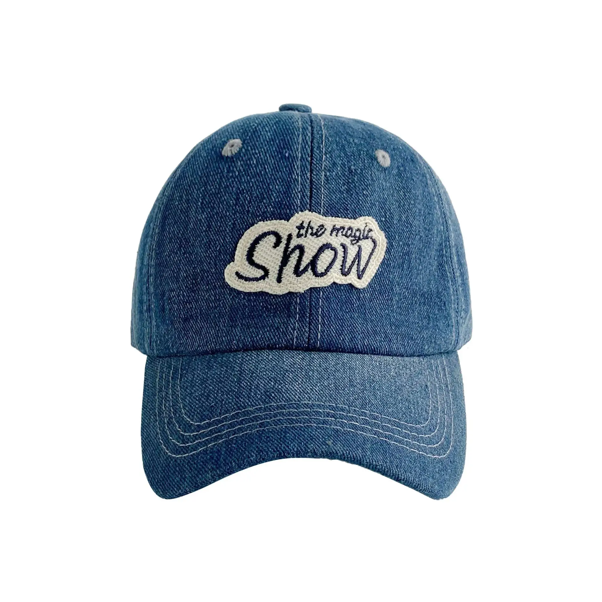 Men Blue Wash Denim Baseball Cap with Letter Sticker - Image 8