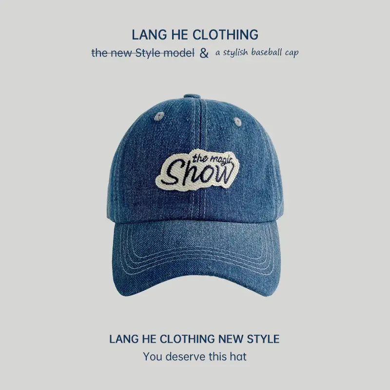 Men Blue Wash Denim Baseball Cap with Letter Sticker - Image 3