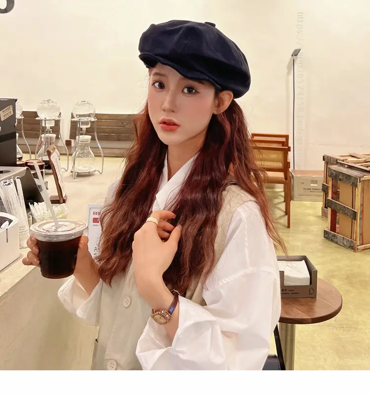 New Style Cap for Women Men Retro Big Head Face Showing Small Soft Eaves Solid Color Eight Artists Hat — feature 14