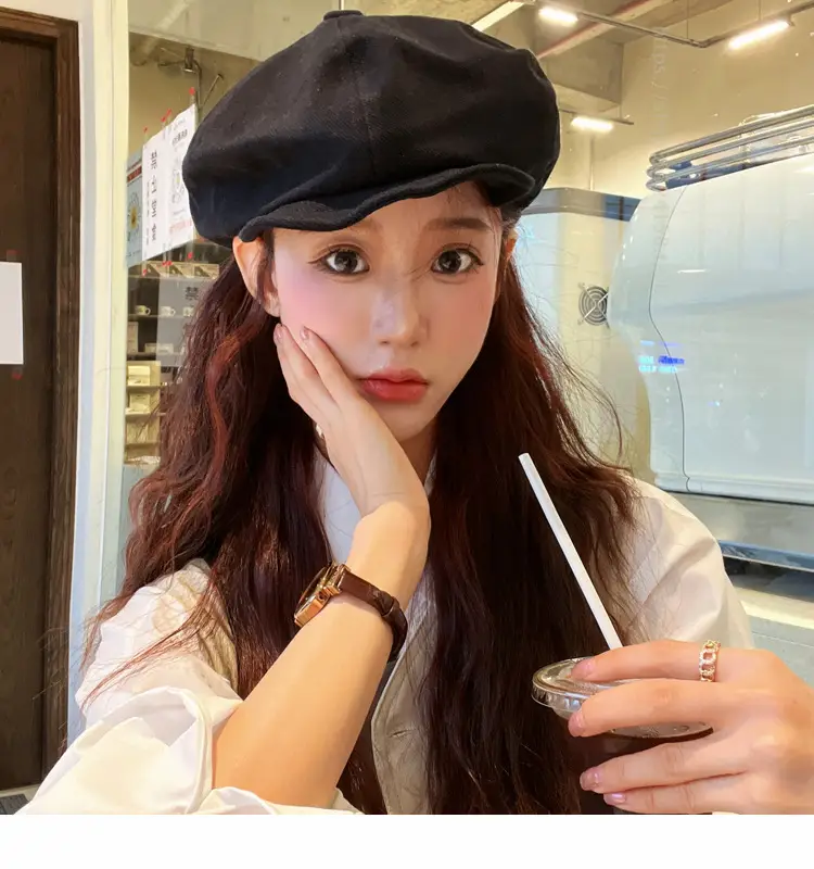 New Style Cap for Women Men Retro Big Head Face Showing Small Soft Eaves Solid Color Eight Artists Hat — feature 17