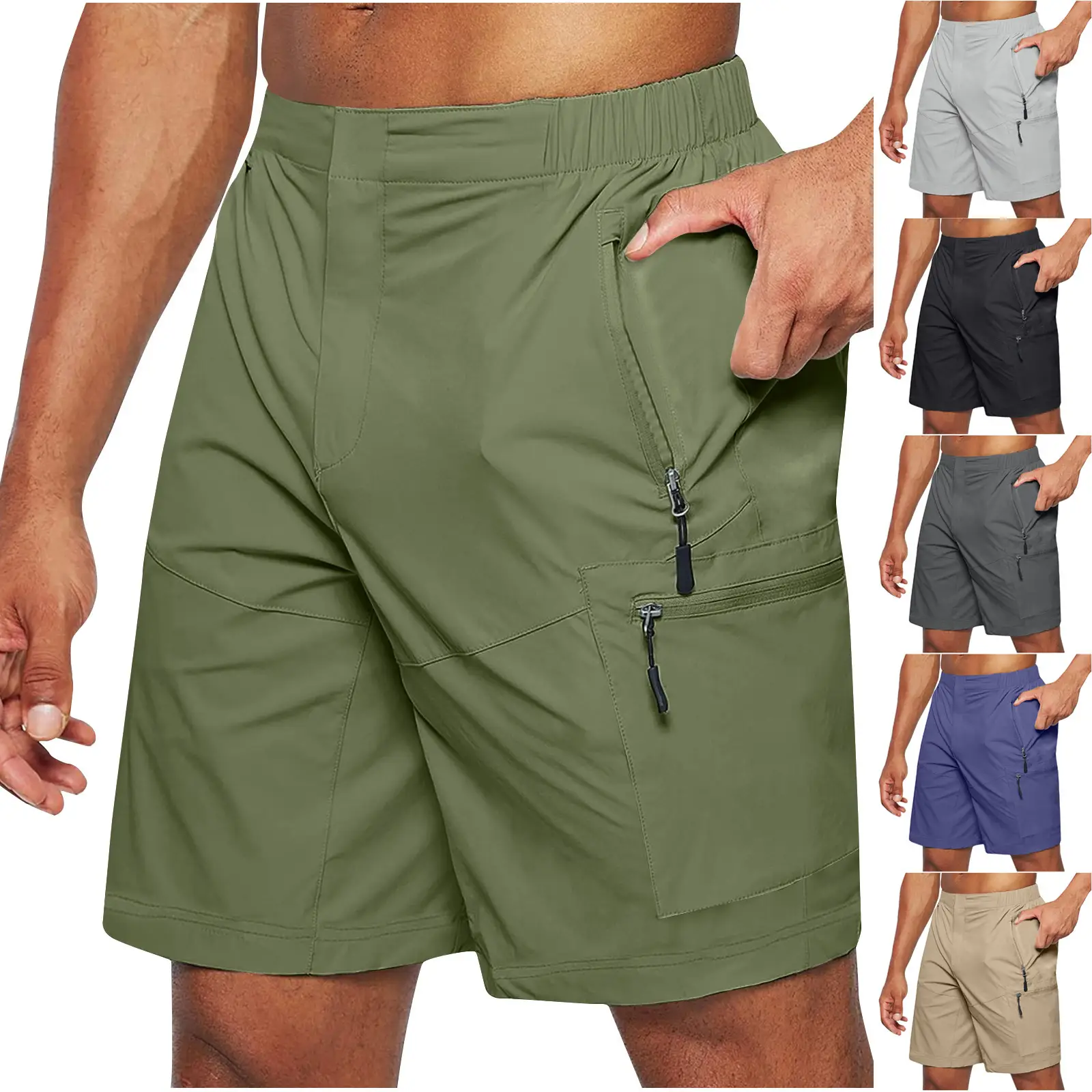 Men's New Zipper Multi-Pocket Shorts Black Large - Image 7