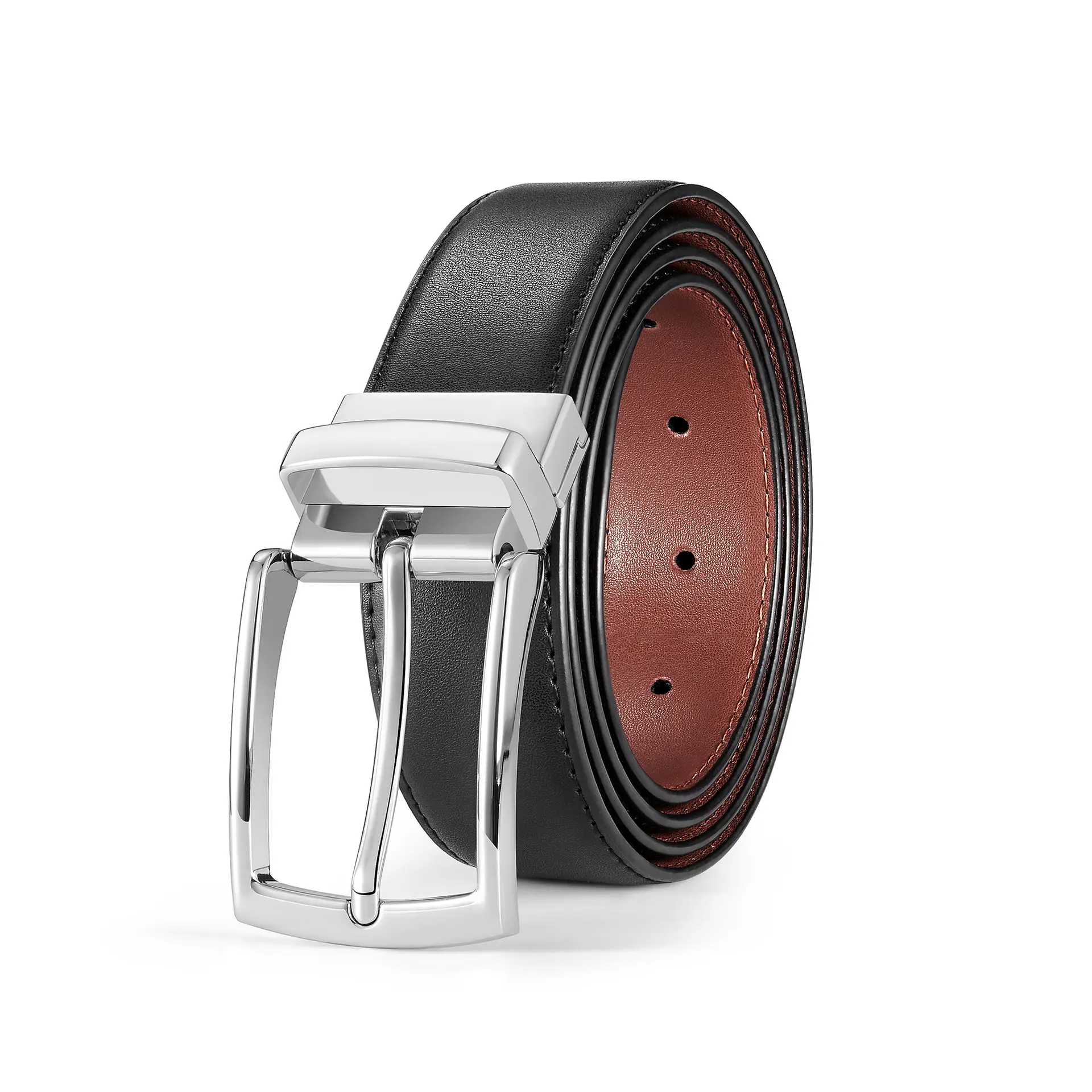 Men's Black Leather Belt with Double-Sided Buckle