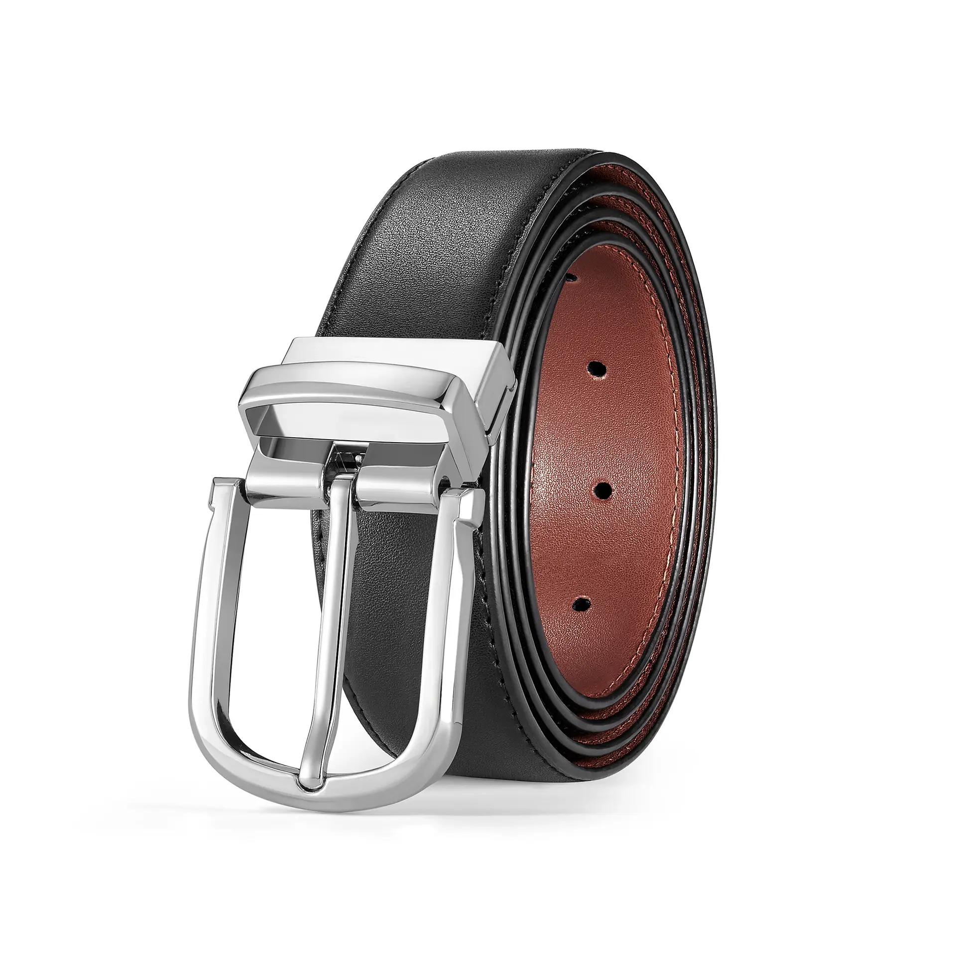 Men's Black Leather Belt with Double-Sided Buckle - Image 3