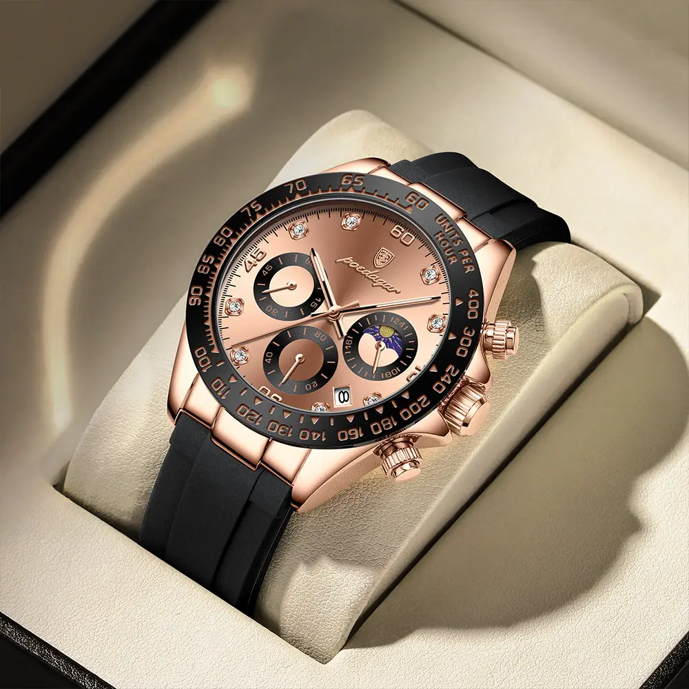 Swiss Men's Chronograph Watch Rose Gold Silicone Black
