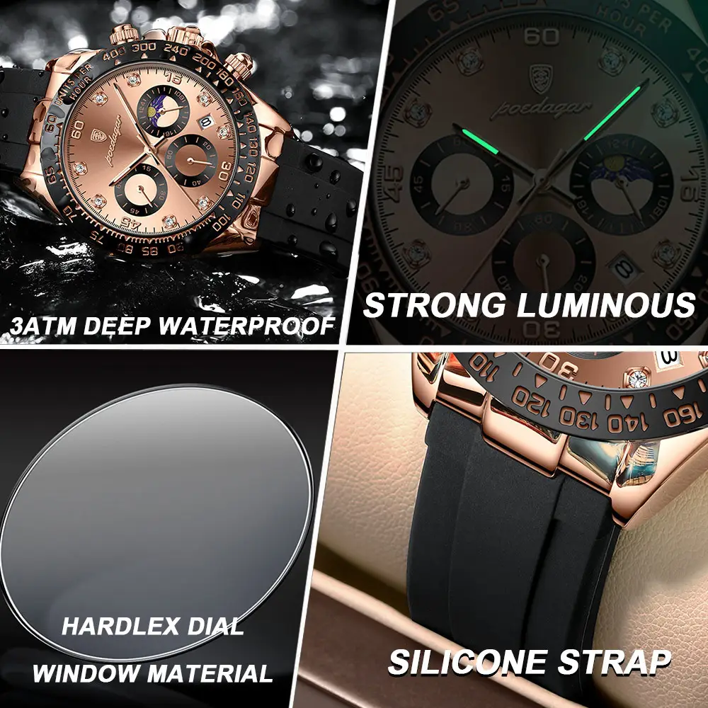Swiss Men's Chronograph Watch Rose Gold Silicone Black