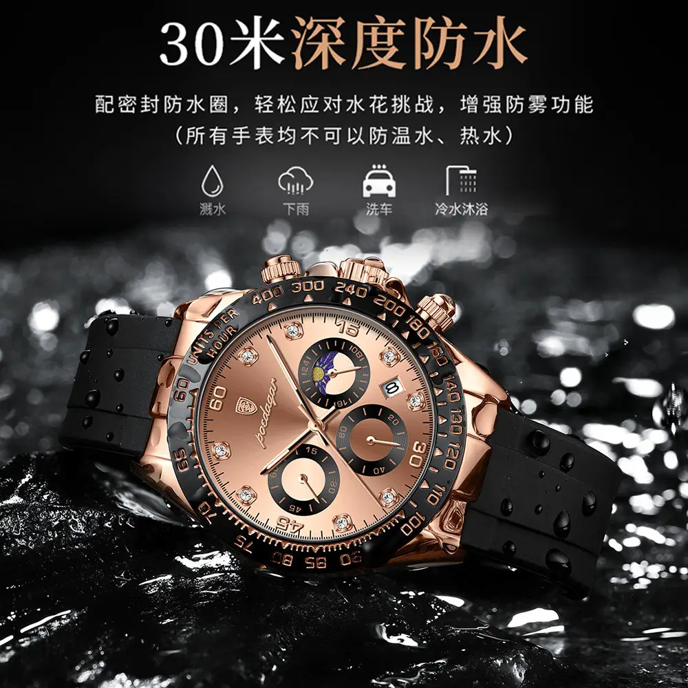 Swiss Men's Chronograph Watch Rose Gold Silicone Black