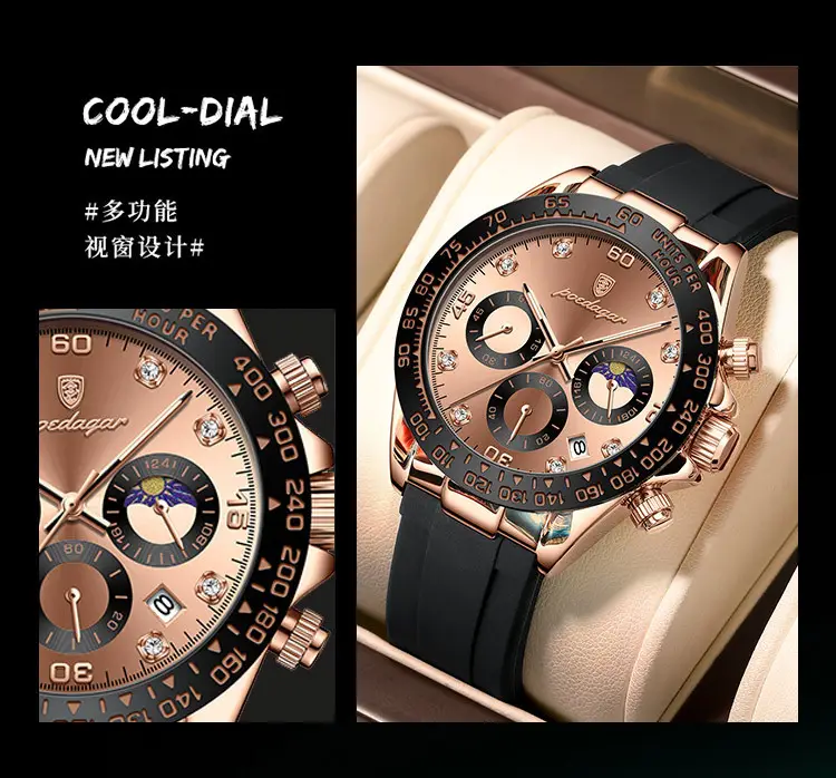 Swiss Men's Chronograph Watch Rose Gold Silicone Black — feature 11
