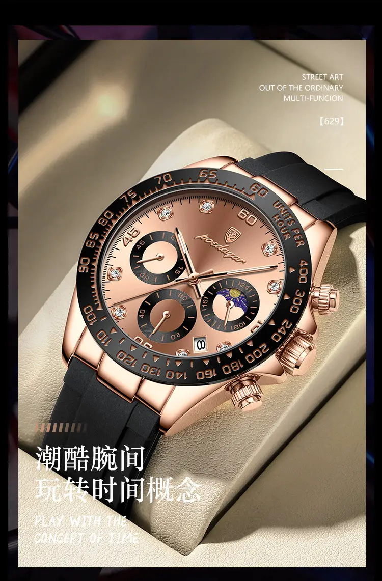 Swiss Men's Chronograph Watch Rose Gold Silicone Black — feature 13