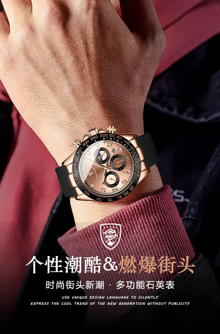 Swiss Men's Chronograph Watch Rose Gold Silicone Black — feature 2