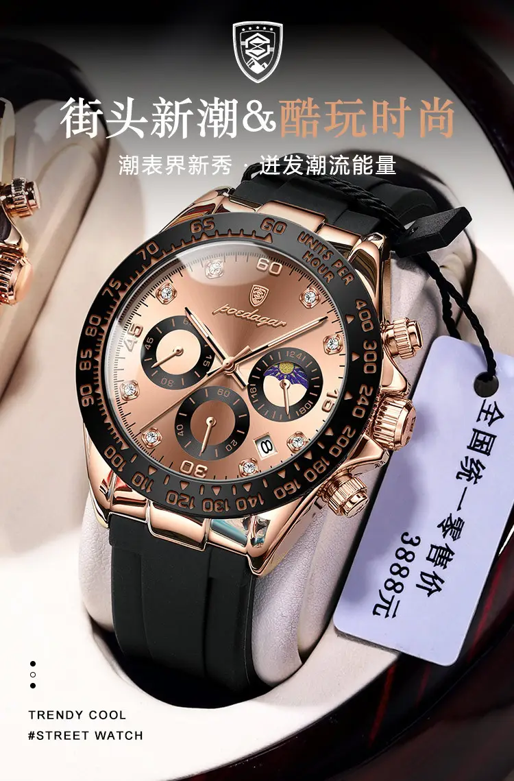 Swiss Men's Chronograph Watch Rose Gold Silicone Black — feature 4