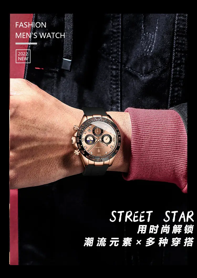 Swiss Men's Chronograph Watch Rose Gold Silicone Black — feature 5