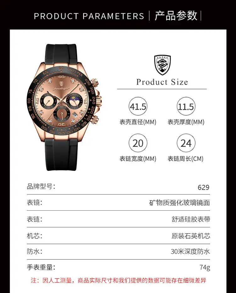 Swiss Men's Chronograph Watch Rose Gold Silicone Black — feature 6