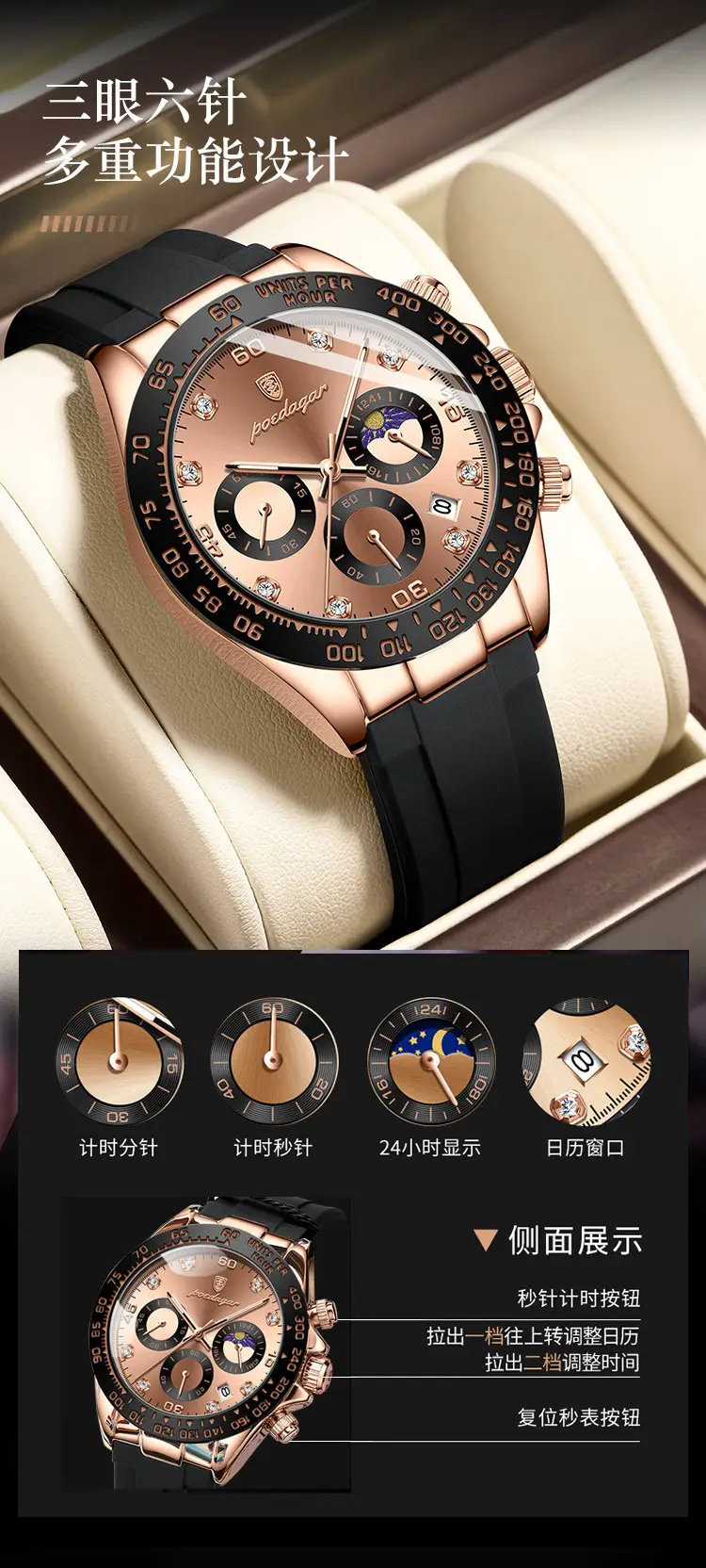 Swiss Men's Chronograph Watch Rose Gold Silicone Black — feature 8