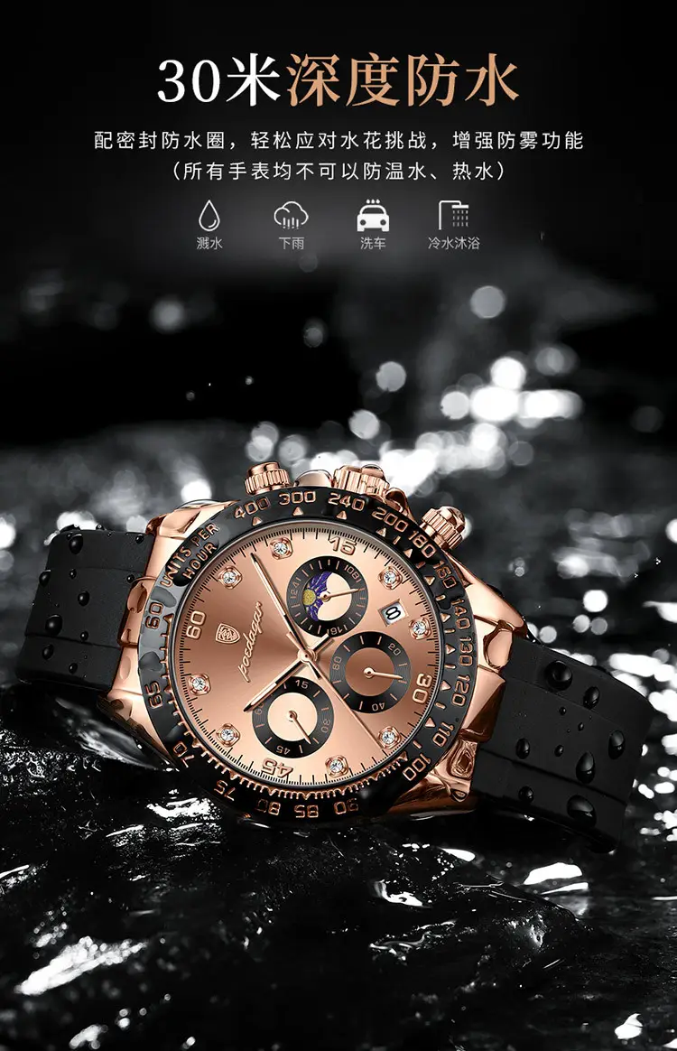 Swiss Men's Chronograph Watch Rose Gold Silicone Black — feature 9