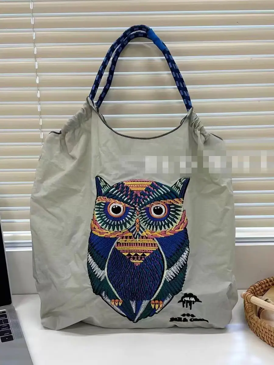Owl Embroidered Canvas Tote Bag with Blue Handles - Image 2