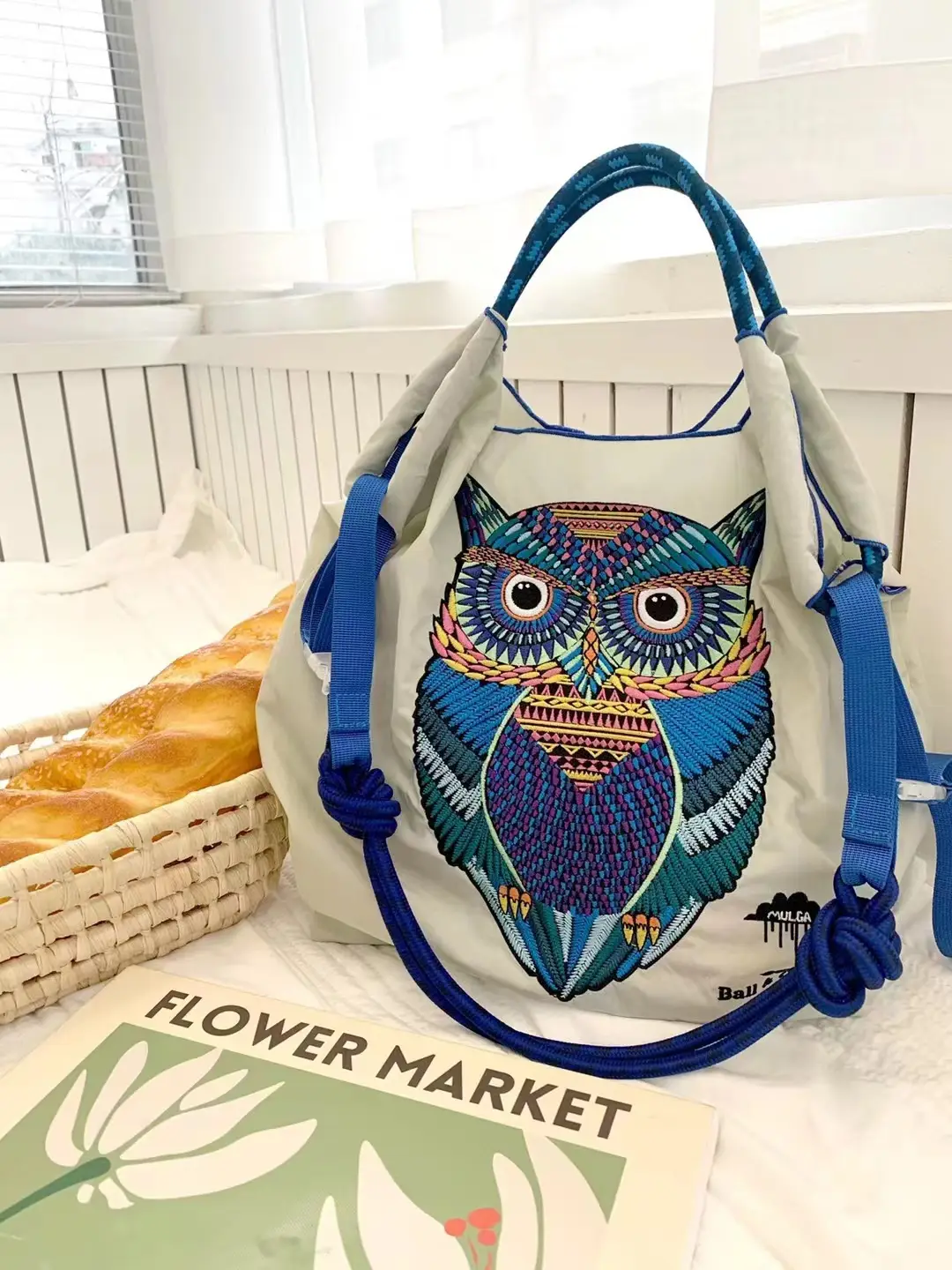 Owl Embroidered Canvas Tote Bag with Blue Handles - Image 4