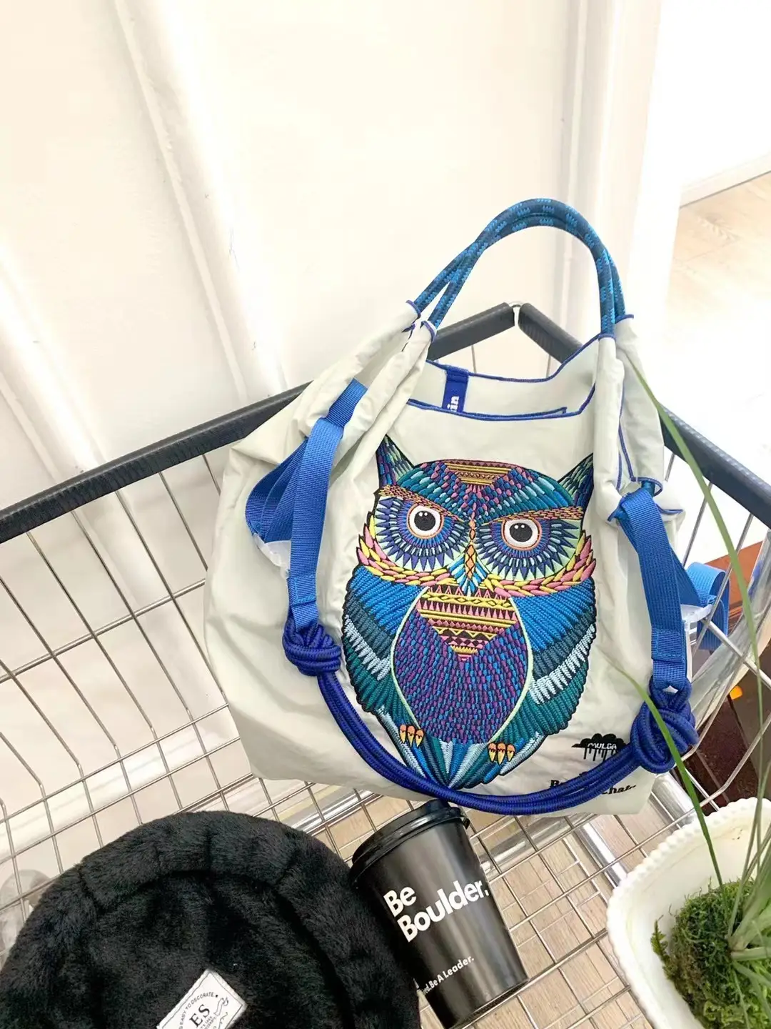 Owl Embroidered Canvas Tote Bag with Blue Handles - Image 5