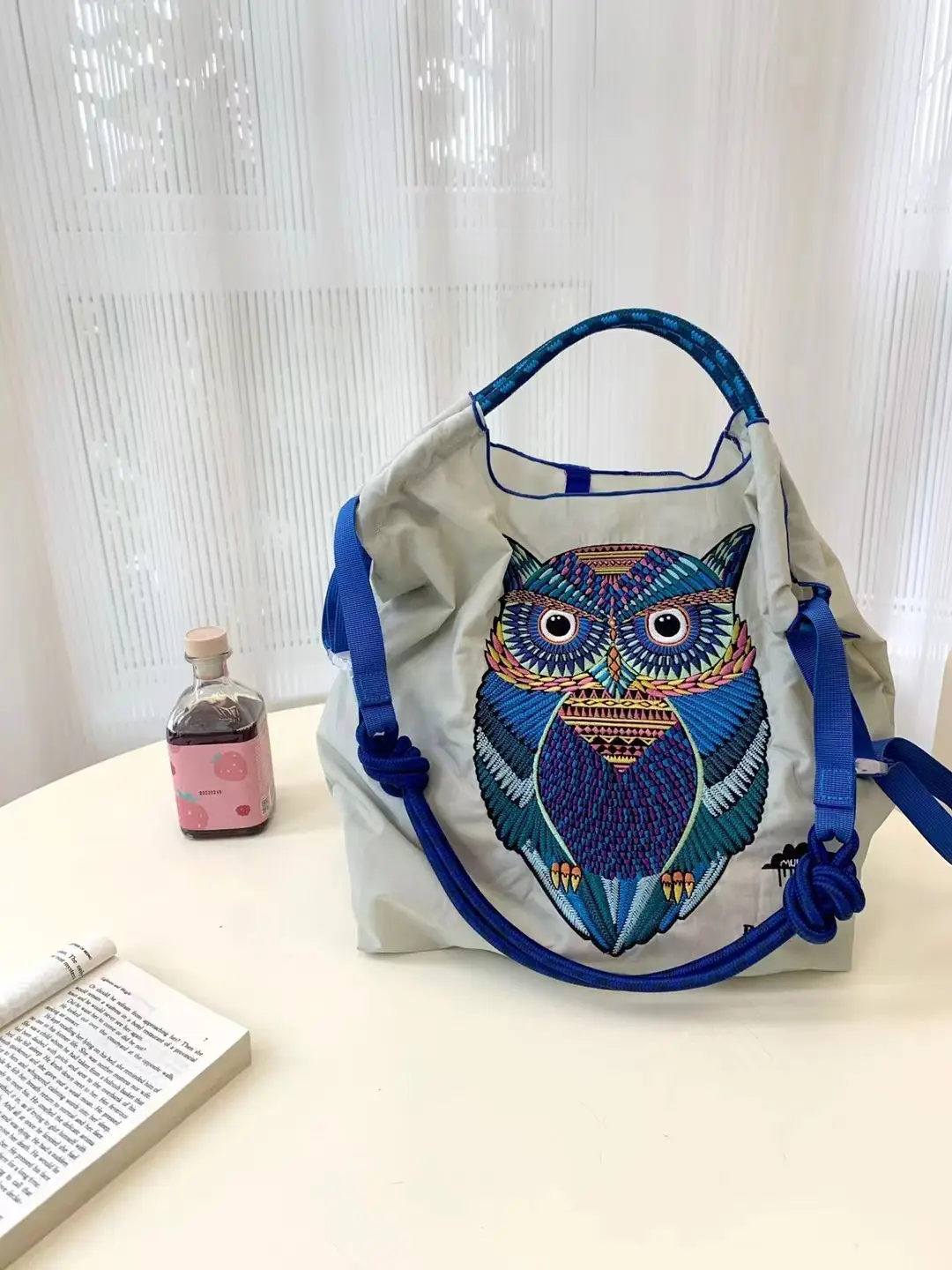 Owl Embroidered Canvas Tote Bag with Blue Handles - Image 6