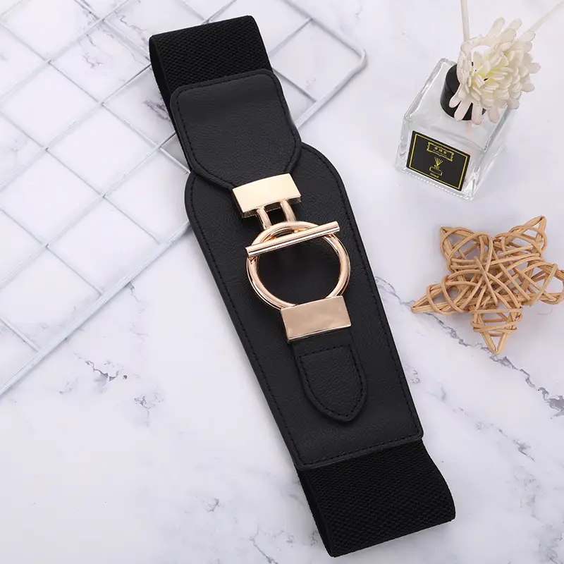 Black Elastic Waist Belt for Women with Gold Buckle - Image 2