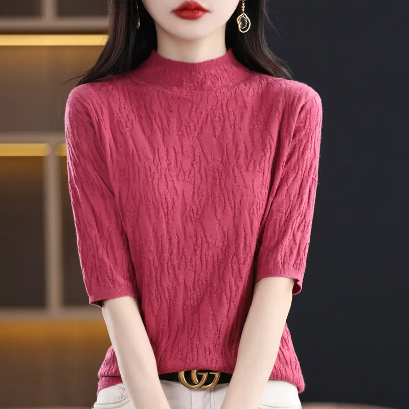 Women Knitted Half-Turtleneck Sweater Pink - Image 13