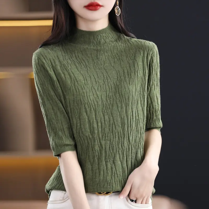 Women Knitted Half-Turtleneck Sweater Pink - Image 14