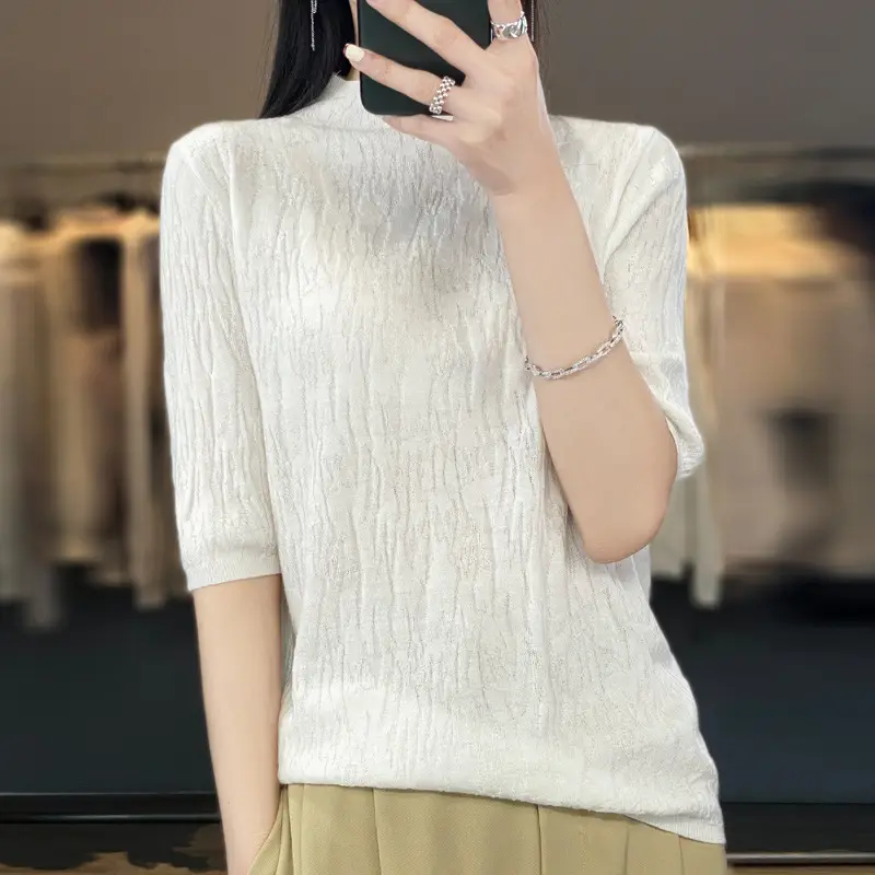 Women Knitted Half-Turtleneck Sweater Pink - Image 16