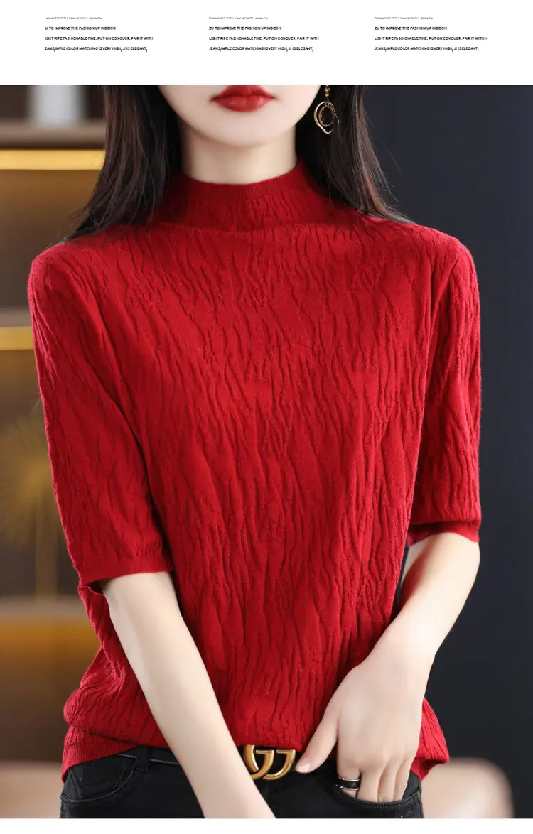 Women Knitted Half-Turtleneck Sweater Pink — feature 15