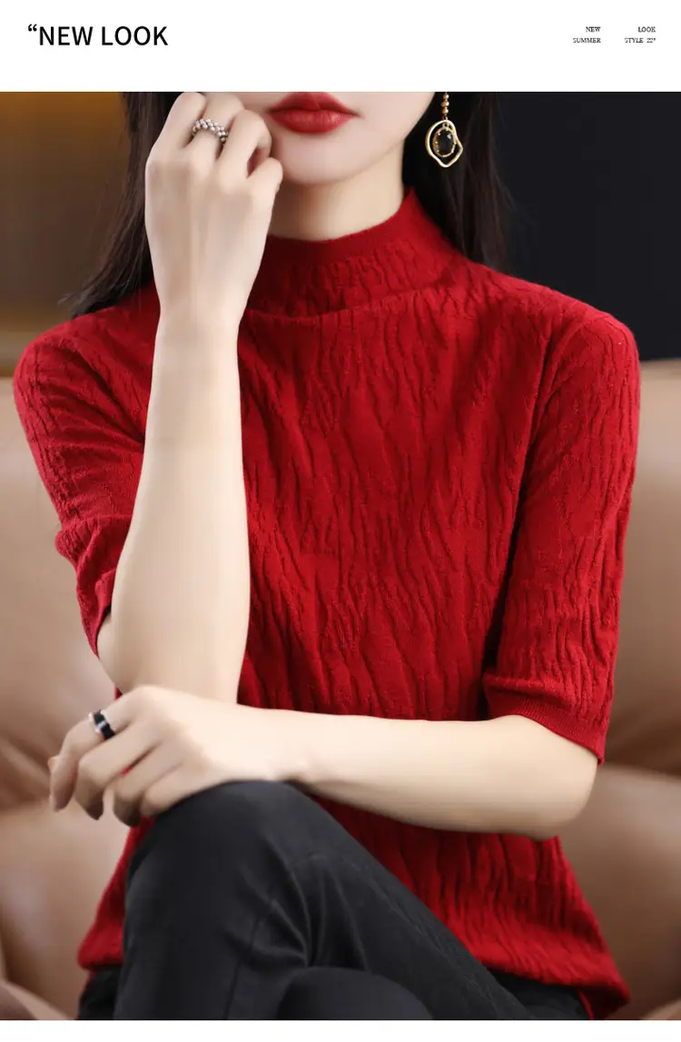 Women Knitted Half-Turtleneck Sweater Pink — feature 16