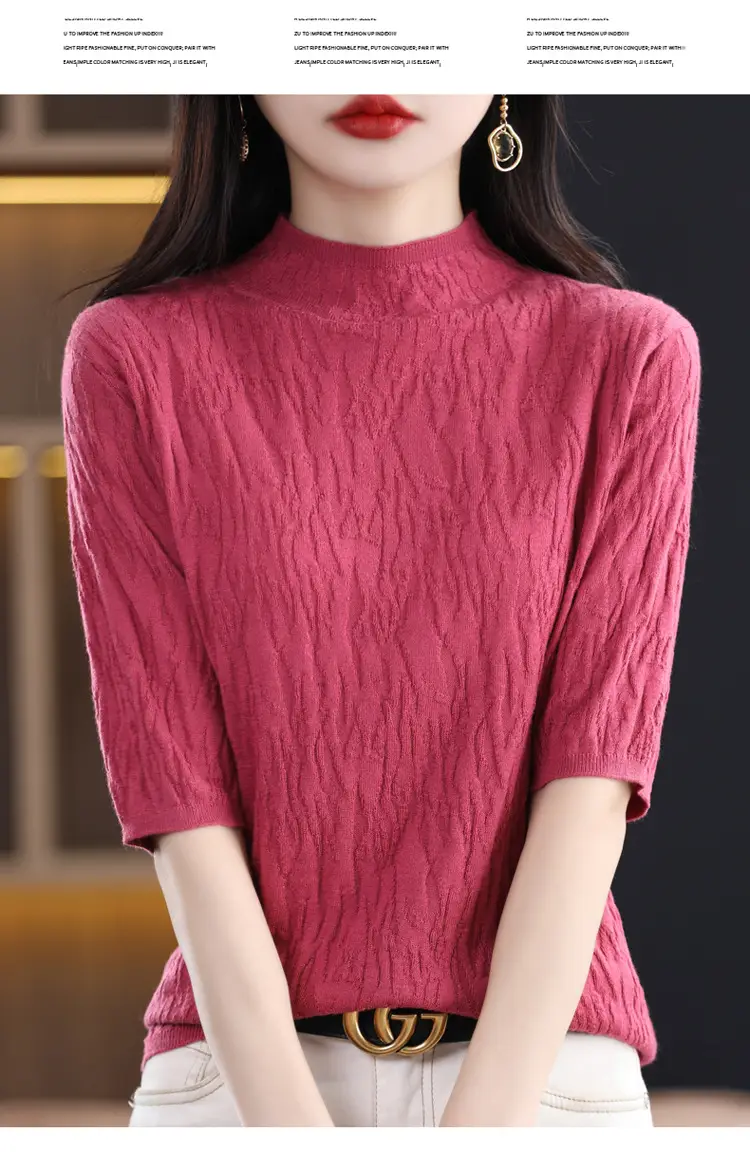 Women Knitted Half-Turtleneck Sweater Pink — feature 21