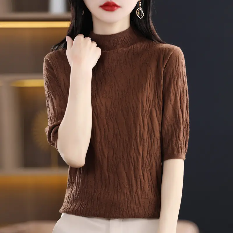 Women Knitted Half-Turtleneck Sweater Pink - Image 10