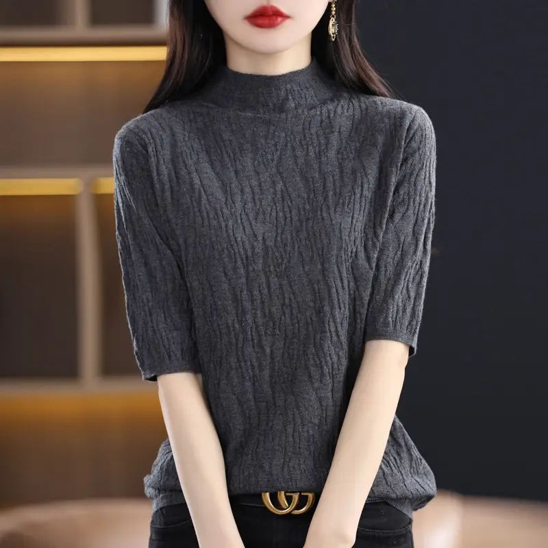 Women Knitted Half-Turtleneck Sweater Pink - Image 11