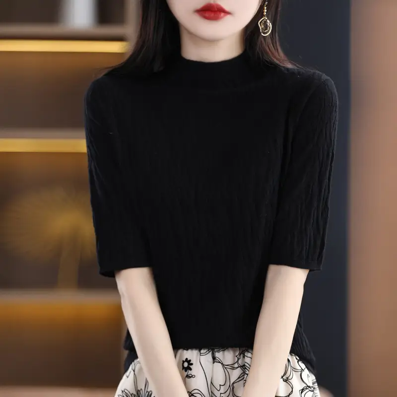 Women Knitted Half-Turtleneck Sweater Pink - Image 12