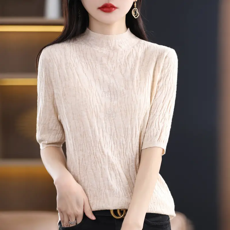 Women Knitted Half-Turtleneck Sweater Pink - Image 2
