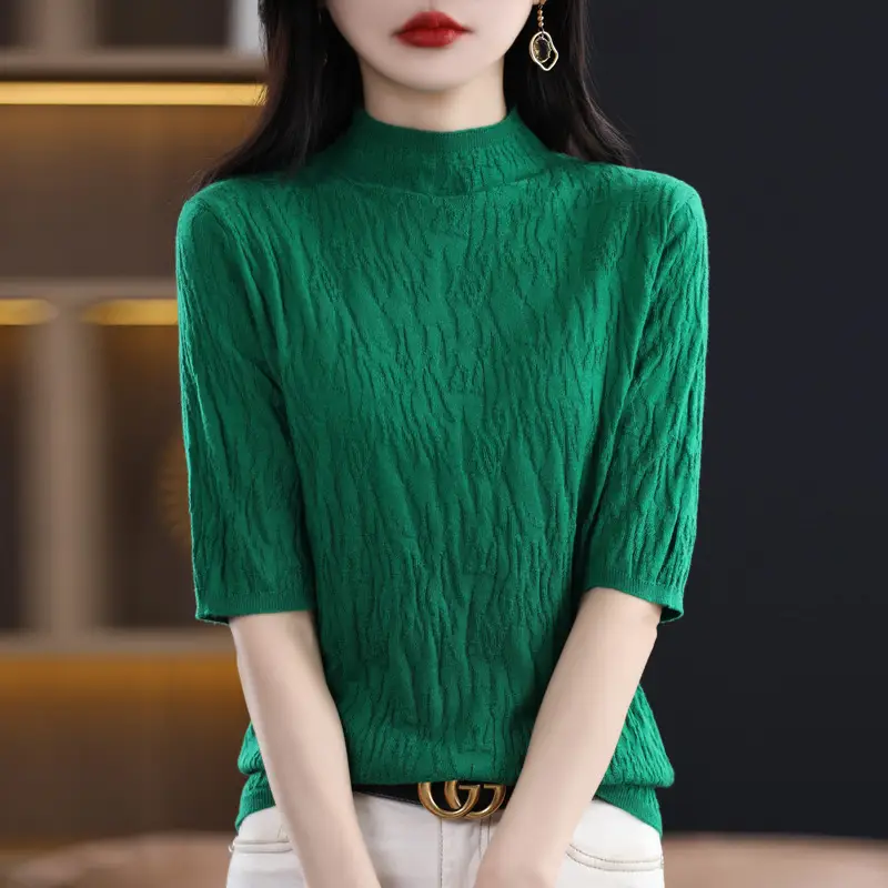 Women Knitted Half-Turtleneck Sweater Pink - Image 3