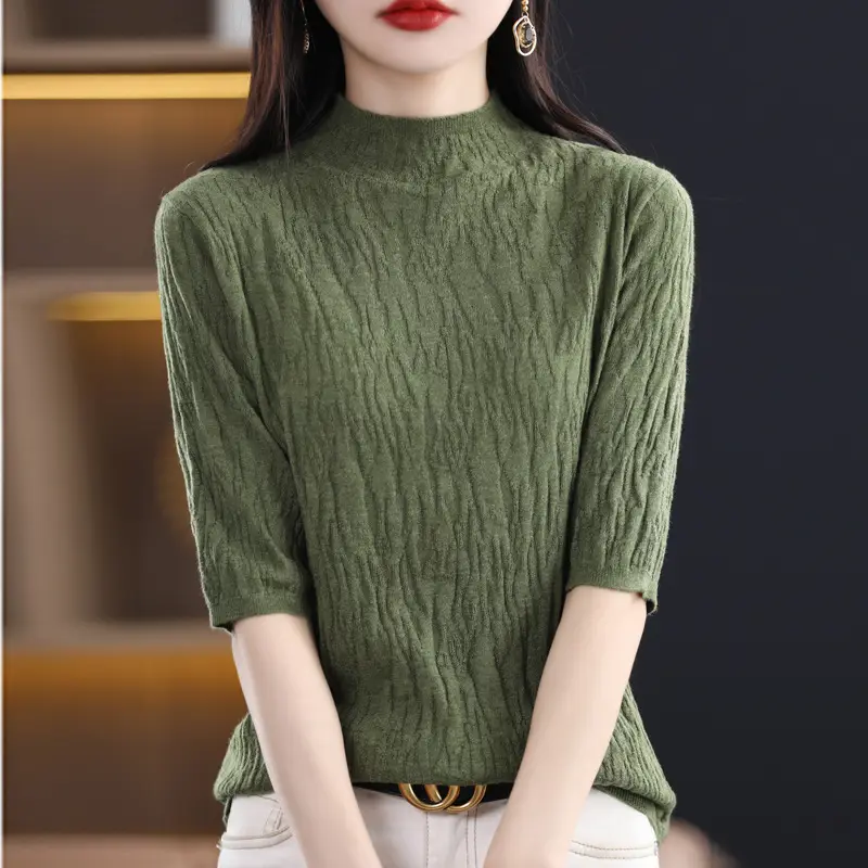 Women Knitted Half-Turtleneck Sweater Pink - Image 5