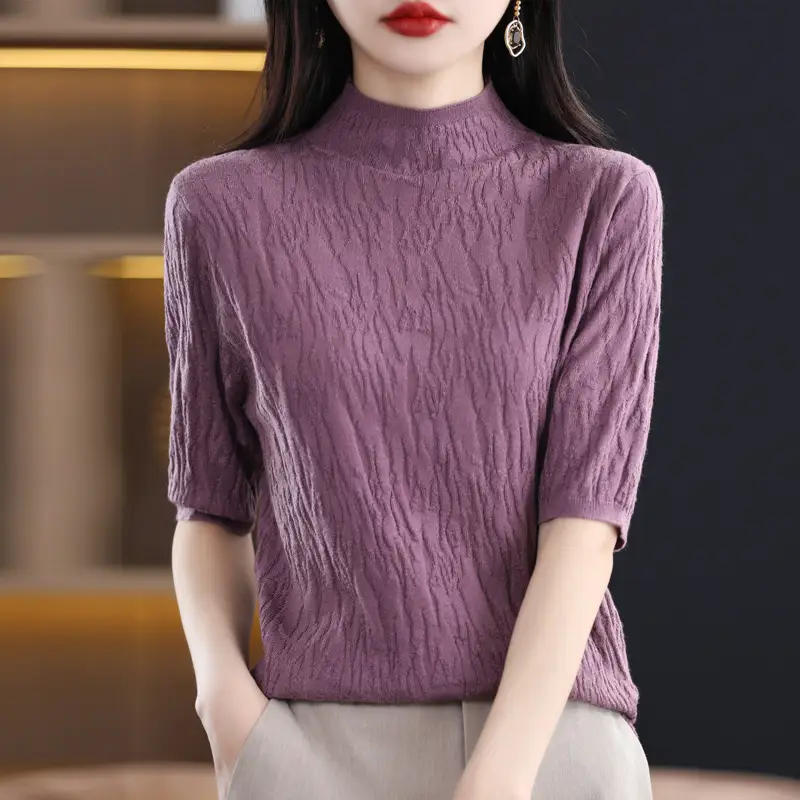 Women Knitted Half-Turtleneck Sweater Pink - Image 6