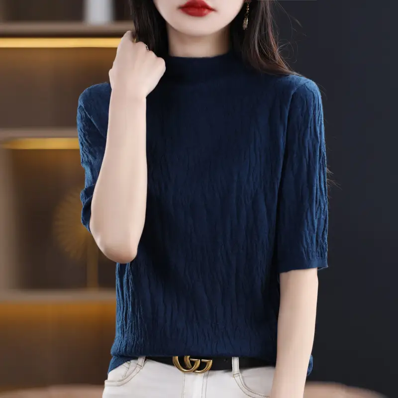 Women Knitted Half-Turtleneck Sweater Pink - Image 7