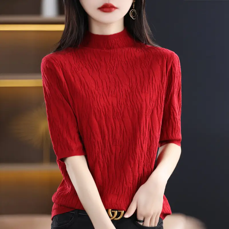 Women Knitted Half-Turtleneck Sweater Pink - Image 8