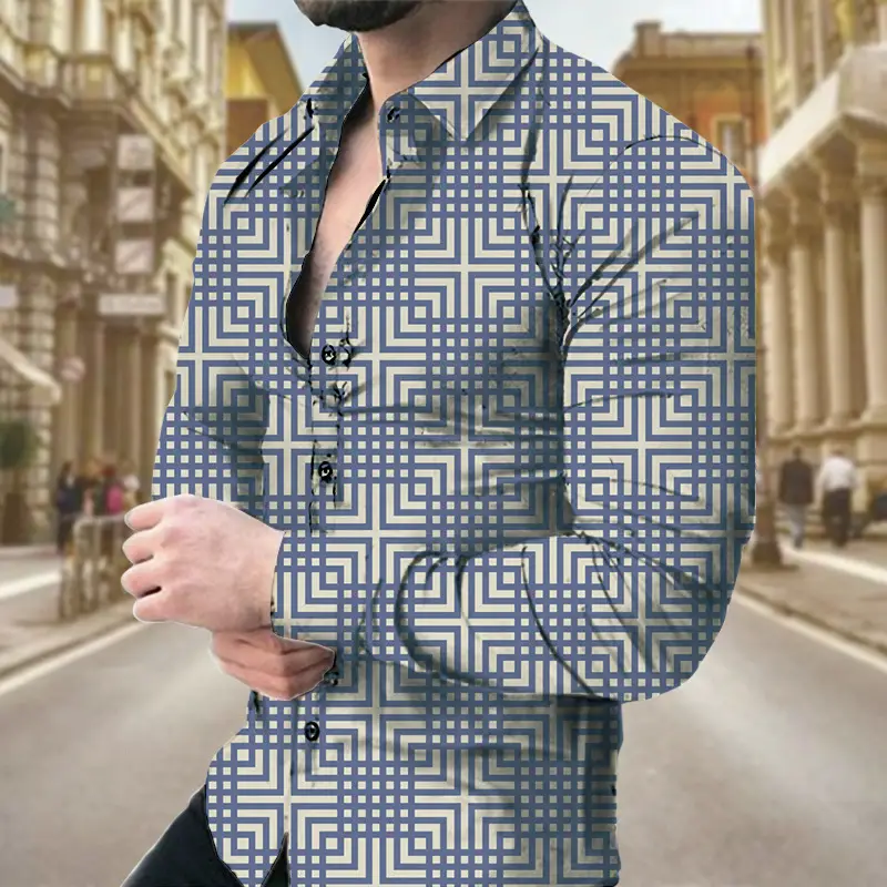 Men's Long Sleeve Geometric Print Shirt Blue